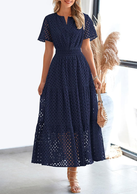 PRETTYGARDEN Women's Summer Hollow Out Eyelet Maxi Dress