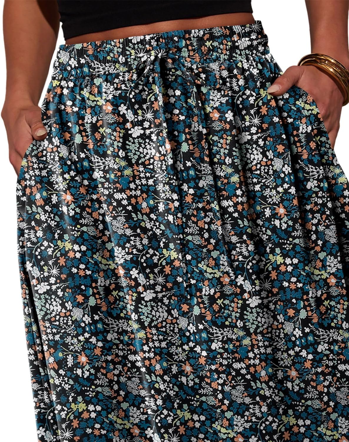 Magritta Women's Print Midi Skirt with Pocket Elastic High Waist 2026 Trendy A-Line Bohe Leopardr Swing Skirts for Women