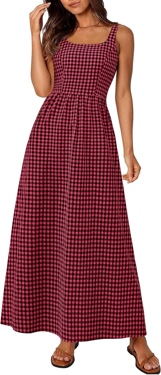 PRETTYGARDEN Women's Summer Gingham Maxi Long Dress