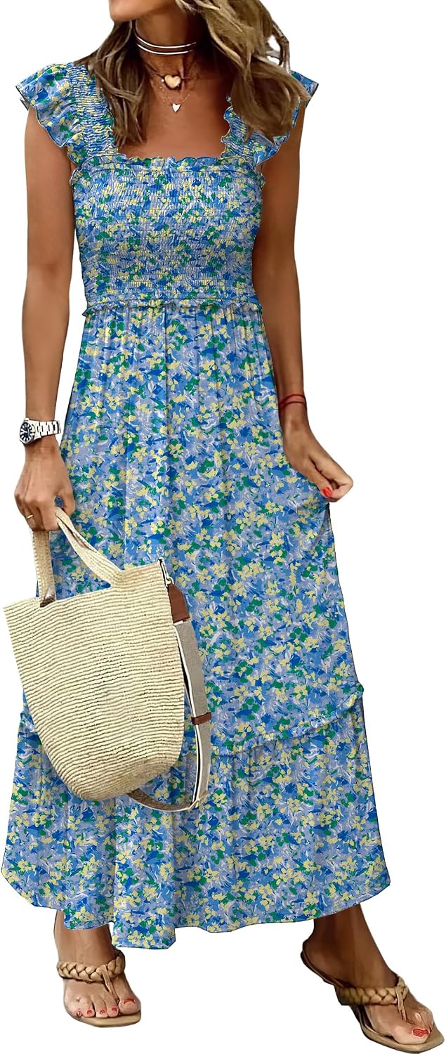 ANRABESS Womens Summer Sleeveless Maxi Dress Square Neck Smocked Boho Casual Ruffle Strap Flowy A-Line Long Beach Sundress