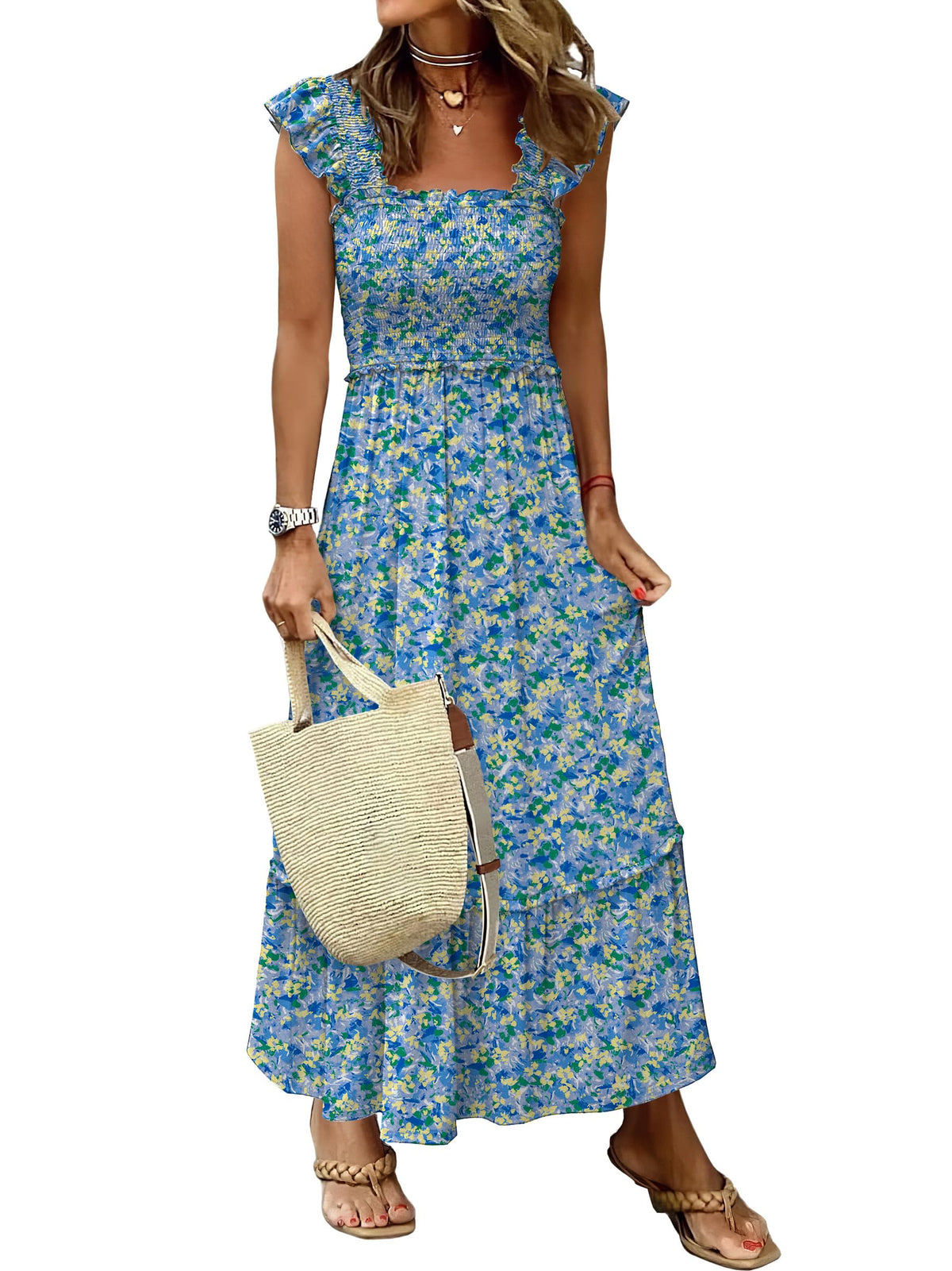 ANRABESS Womens Summer Sleeveless Maxi Dress Square Neck Smocked Boho Casual Ruffle Strap Flowy A-Line Long Beach Sundress