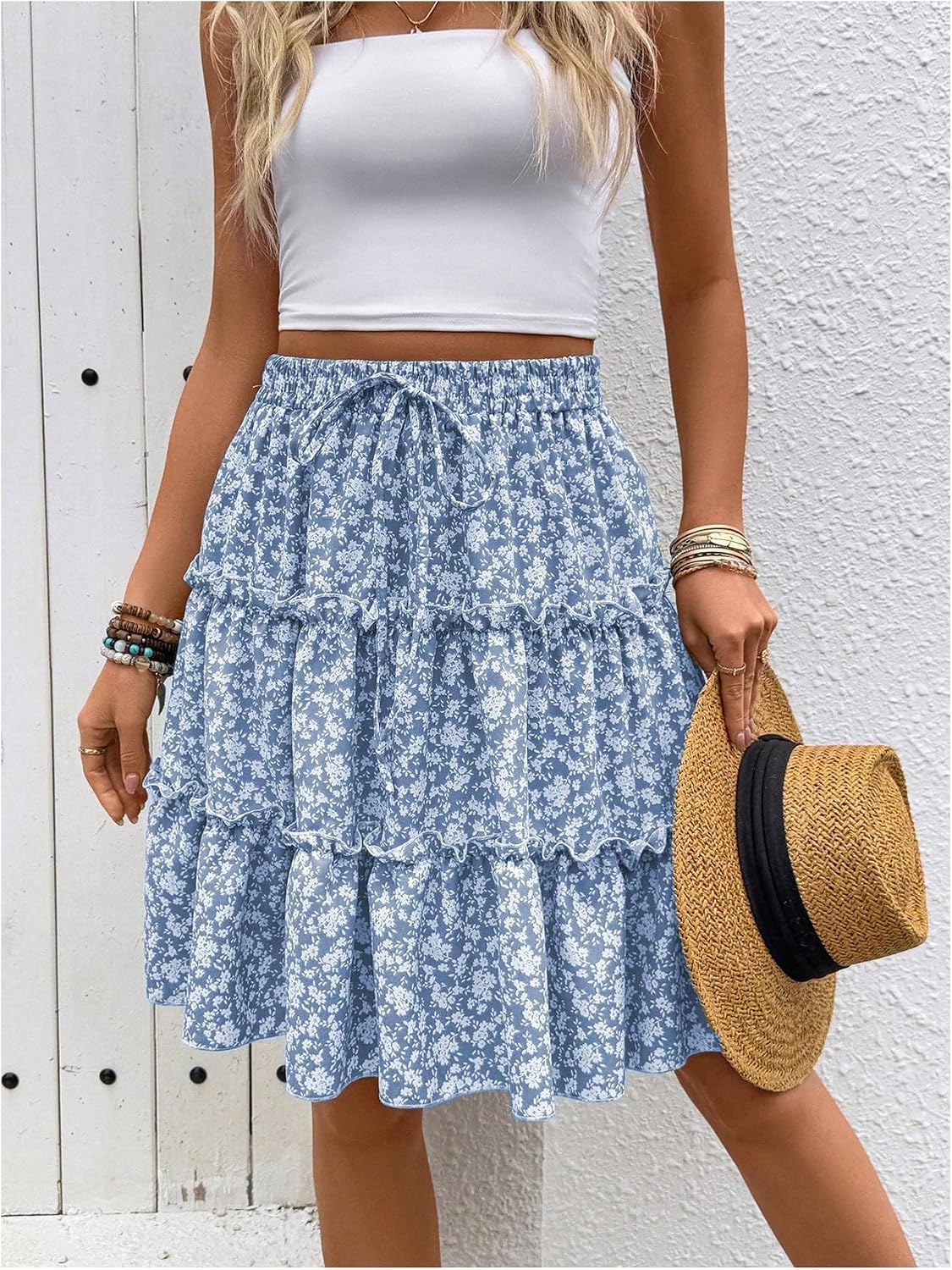 Verdusa Women's Boho Floral Tiered Ruffle Skirts Flowy Flared Summer Knee Length Midi Skirt