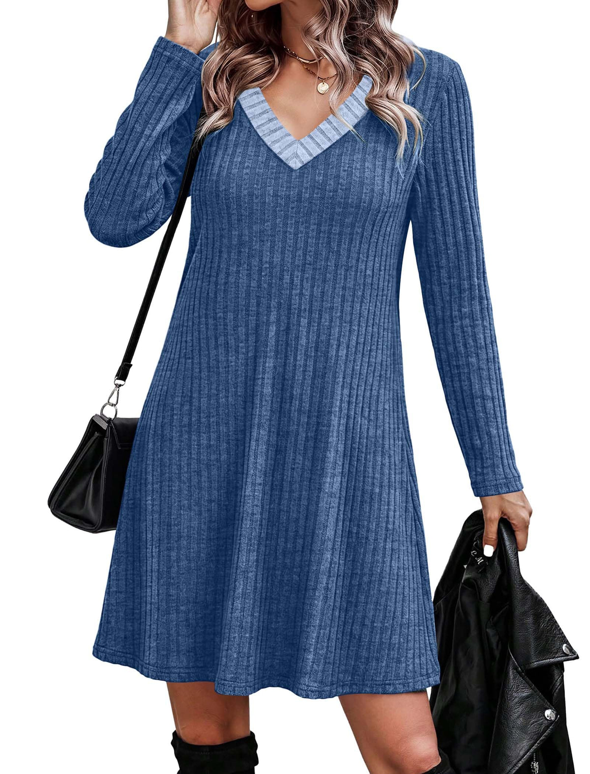 OFEEFAN Fall Dresses for Women Color Block V Neck Long Sleeve Sweater Dress