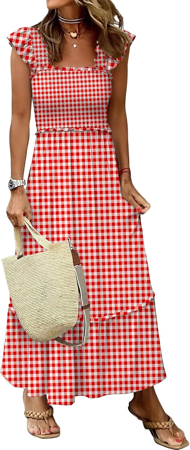 ANRABESS Womens Summer Sleeveless Maxi Dress Square Neck Smocked Boho Casual Ruffle Strap Flowy A-Line Long Beach Sundress