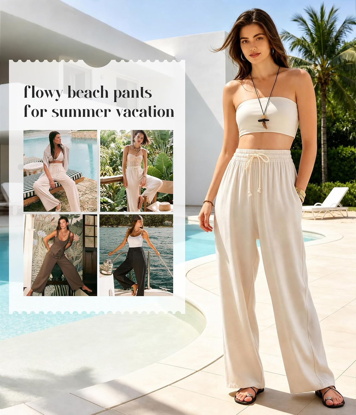 Womens Linen Pants Flowy Wide Leg Casual Drawstring Trousers with Pockets