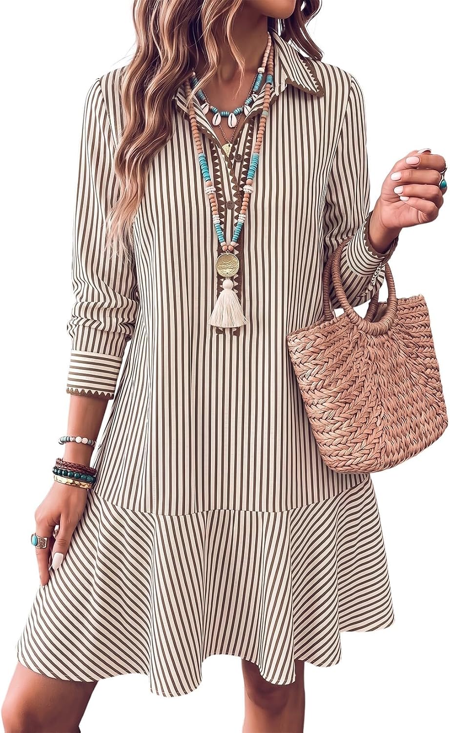Dokotoo Womens Dresses Striped Button Embroidered Ruffle Hem Mini Dress