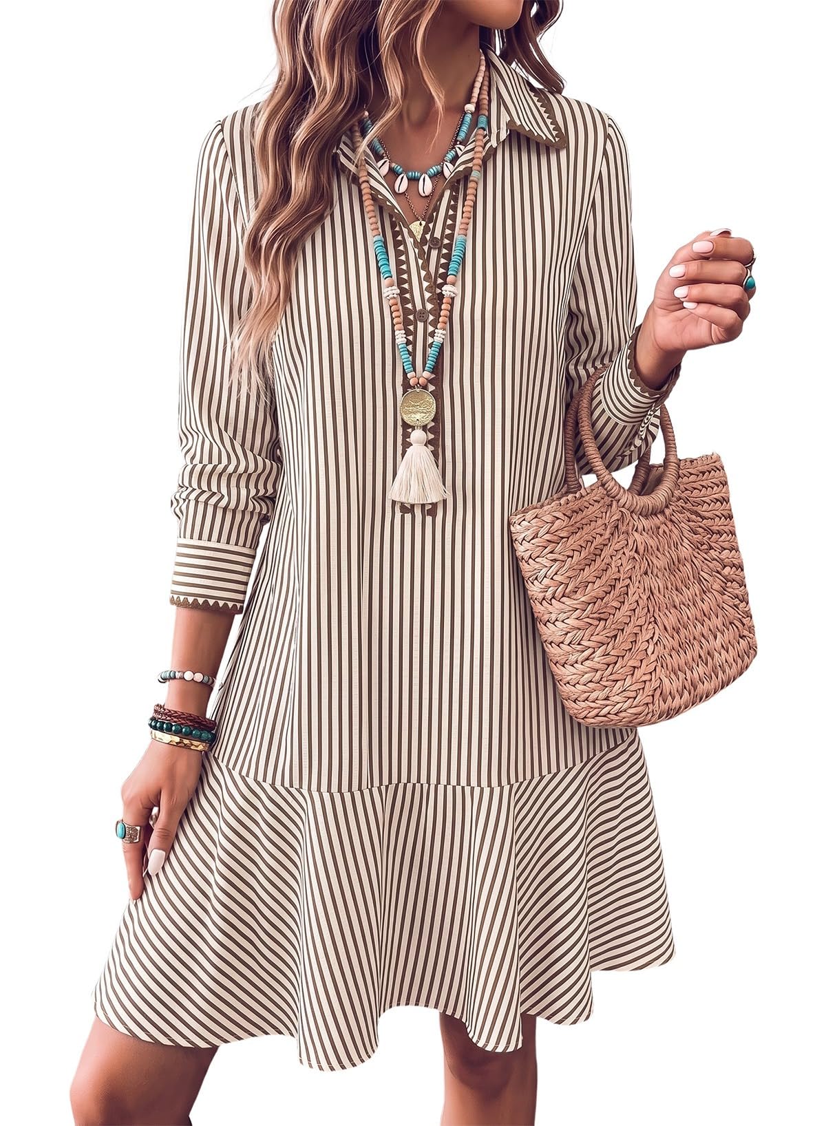 Dokotoo Womens Dresses Striped Button Embroidered Ruffle Hem Mini Dress