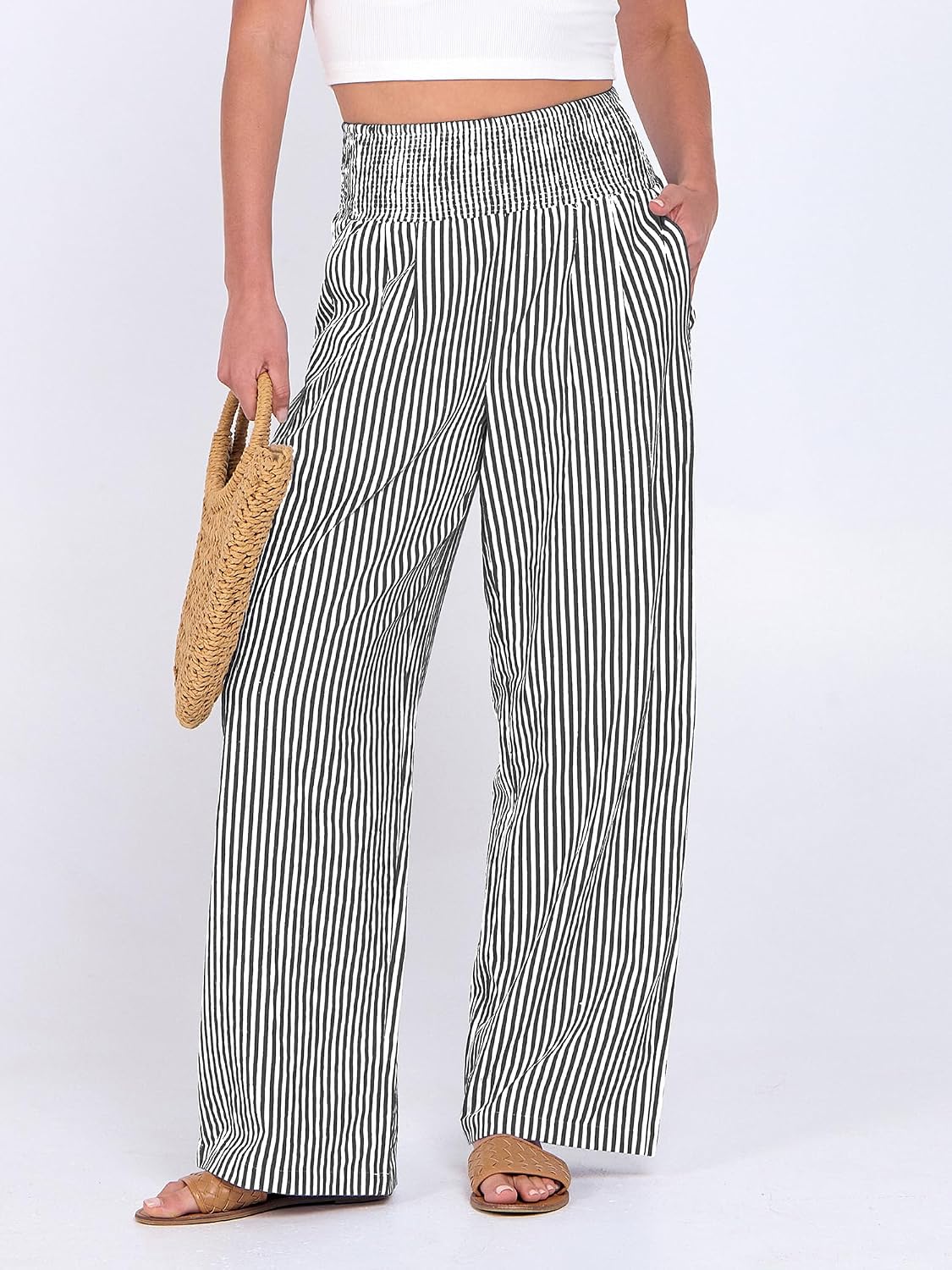 ANRABESS Womens Striped Gingham Wide Leg Palazzo Pants with Pockets