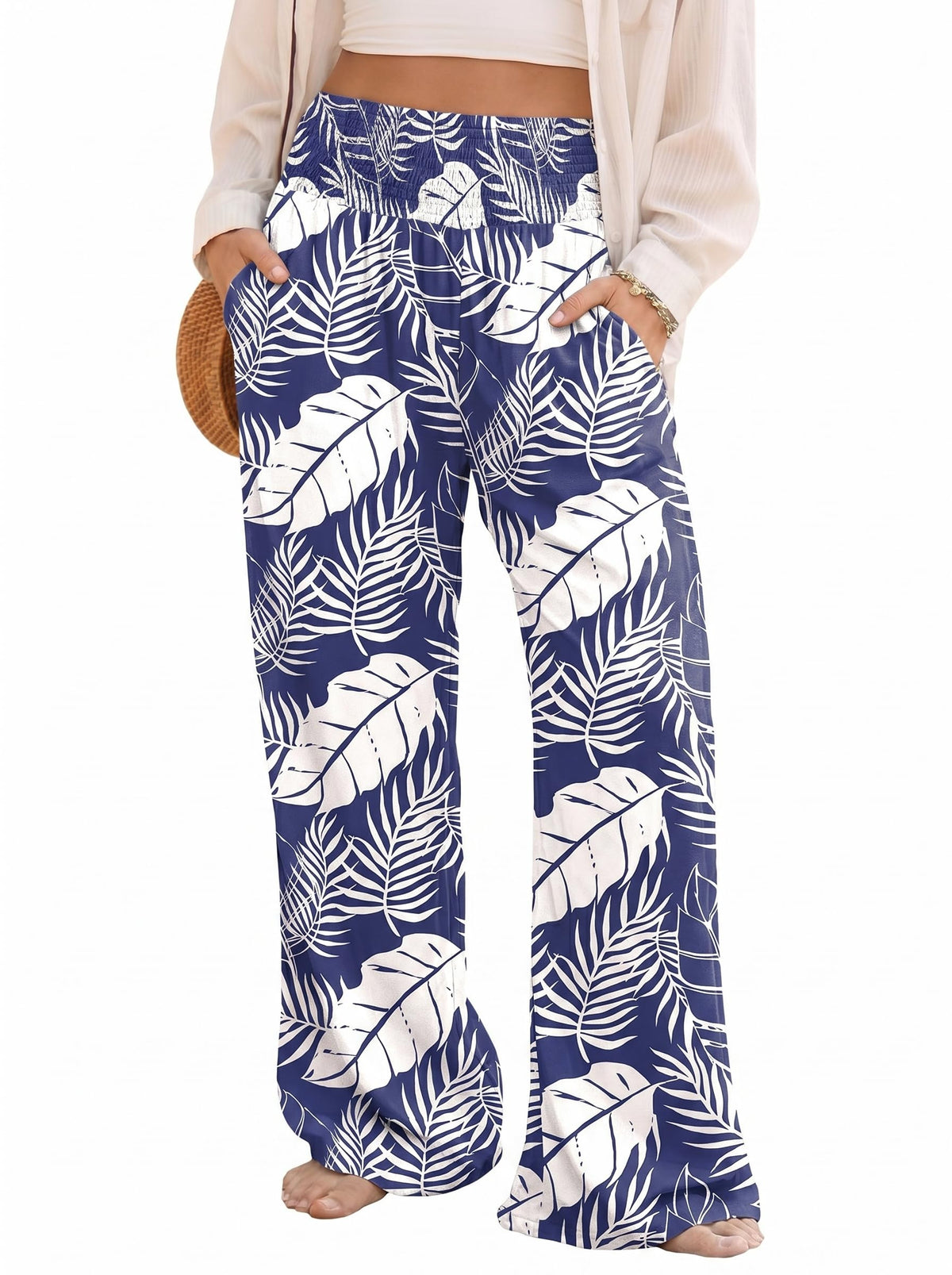 Dokotoo Women's Summer Boho Floral Bagyy Pants Wide Leg High Smocked Waist Casual Loose Palazzo Pants with Pocket