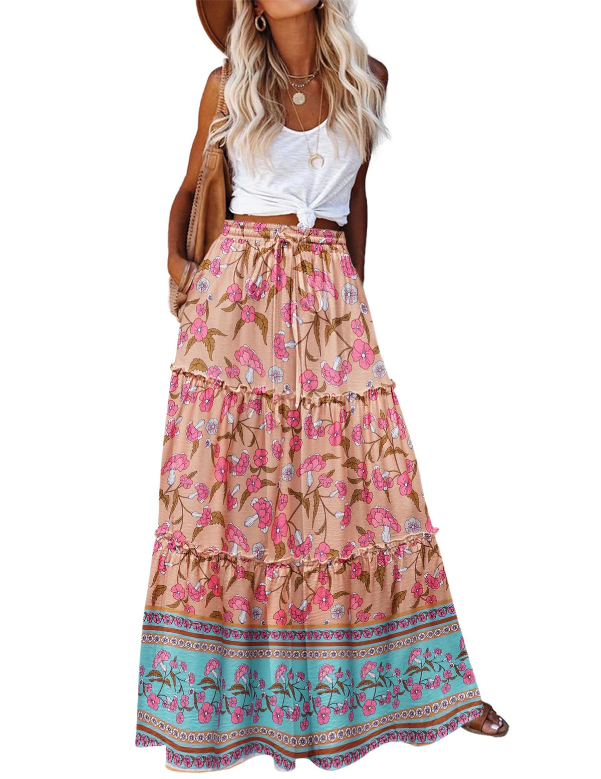 Zeagoo Womens Casual Maxi Skirts for Women 2026 High Waist Boho Skirts Floral Printed Long Flowy Skirt with Pockets