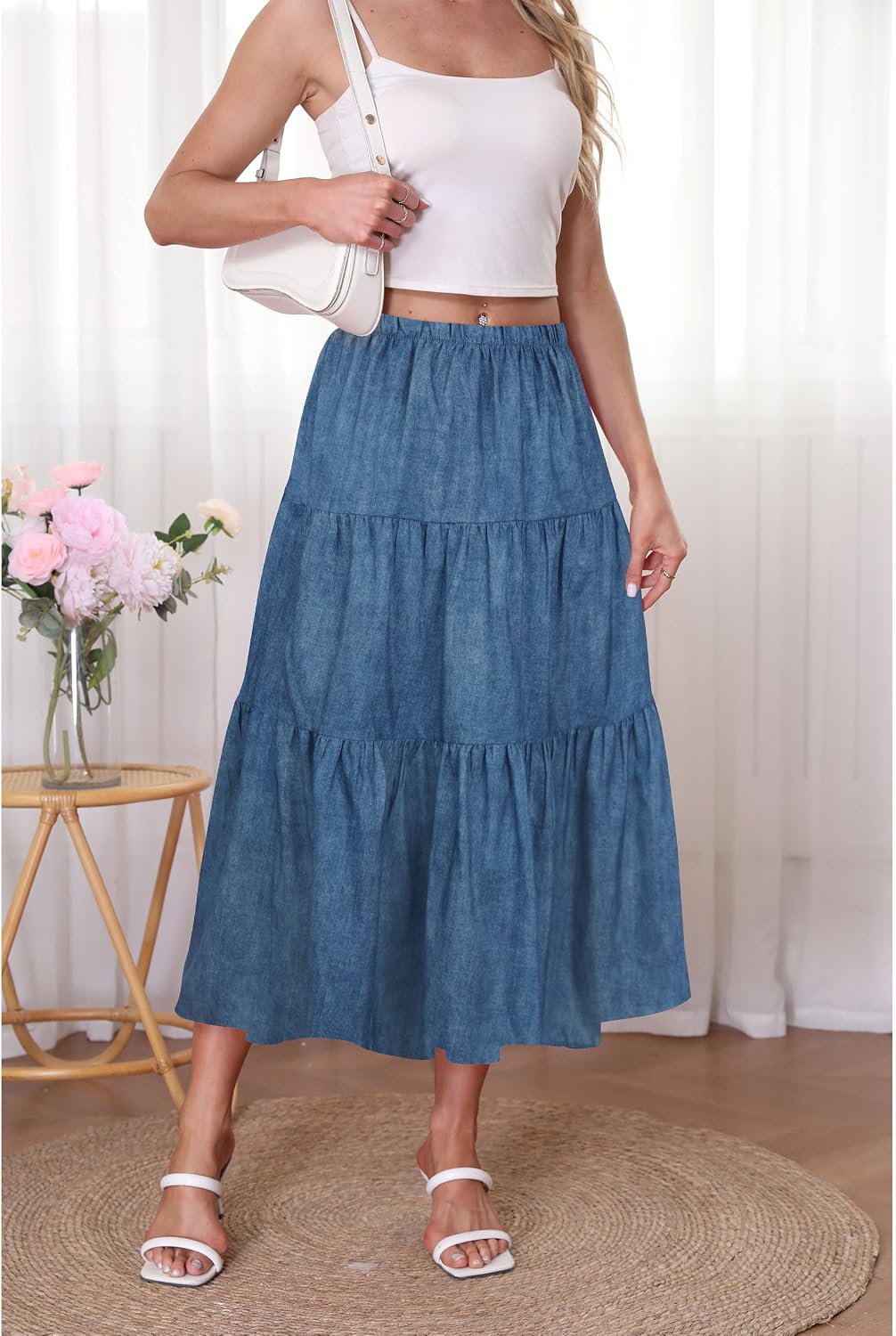 Kingfancy Women's Boho Midi Skirt A-Line Flowy Skirts