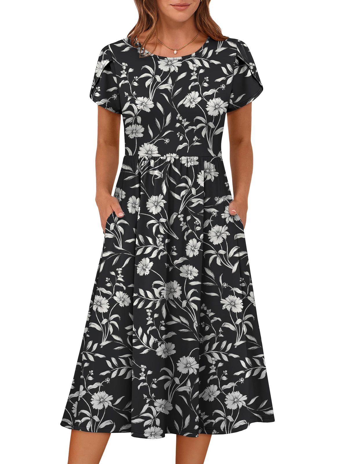 ANRABESS Women's Summer Petal Short Sleeve Midi Dress with Pockets
