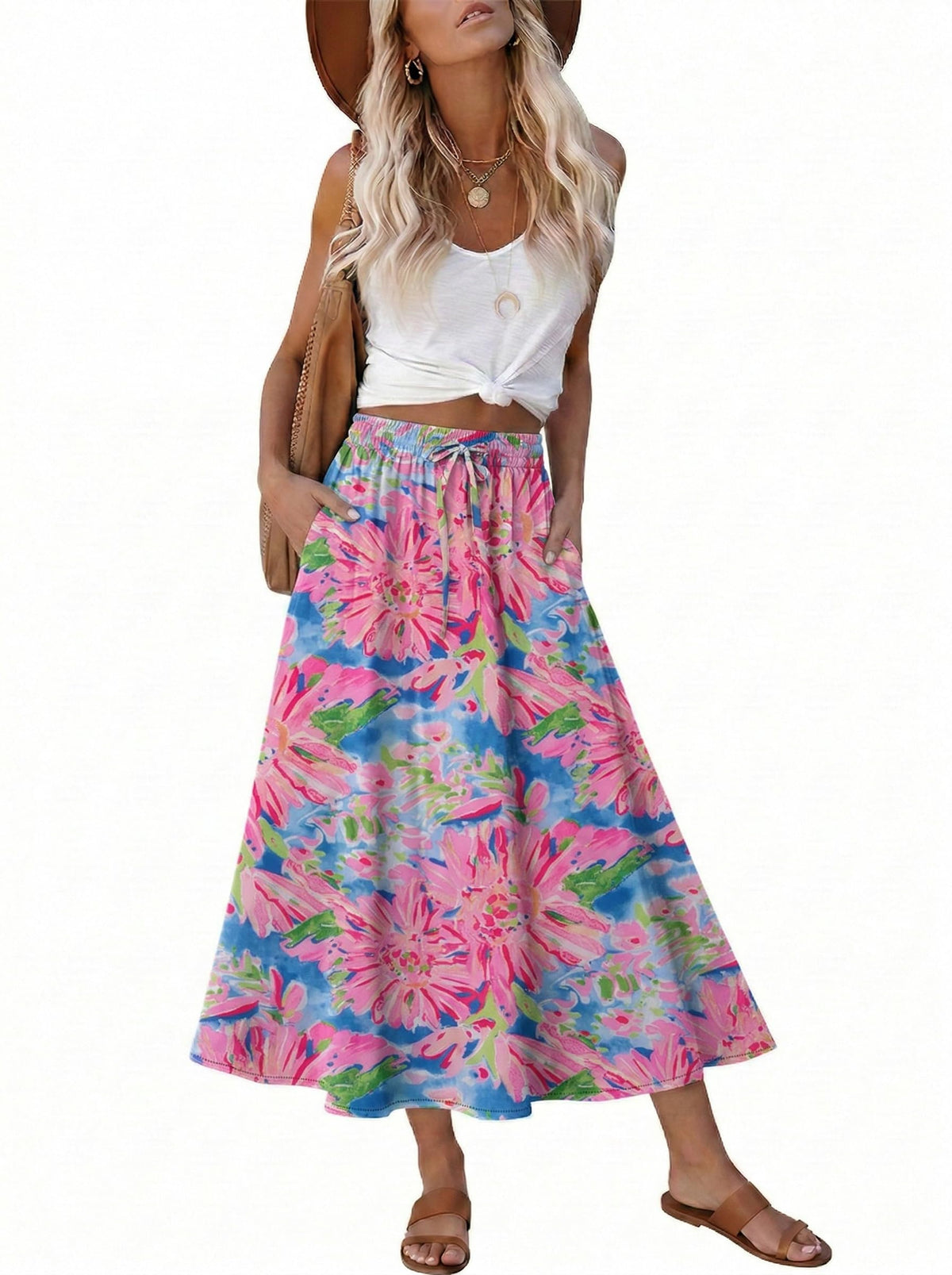 Magritta Women's Print Midi Skirt with Pocket Elastic High Waist 2026 Trendy A-Line Bohe Leopardr Swing Skirts for Women