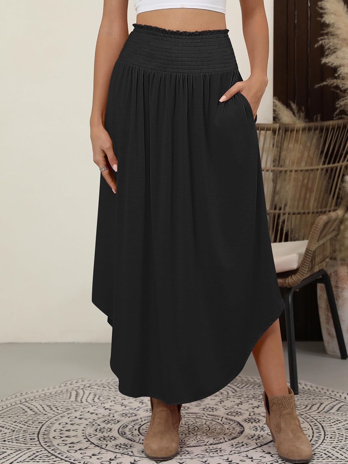ANRABESS Women's Maxi Skirts Summer Boho Floral High Waisted Flowy Swing Pleated Beach Long Skirt with Pockets