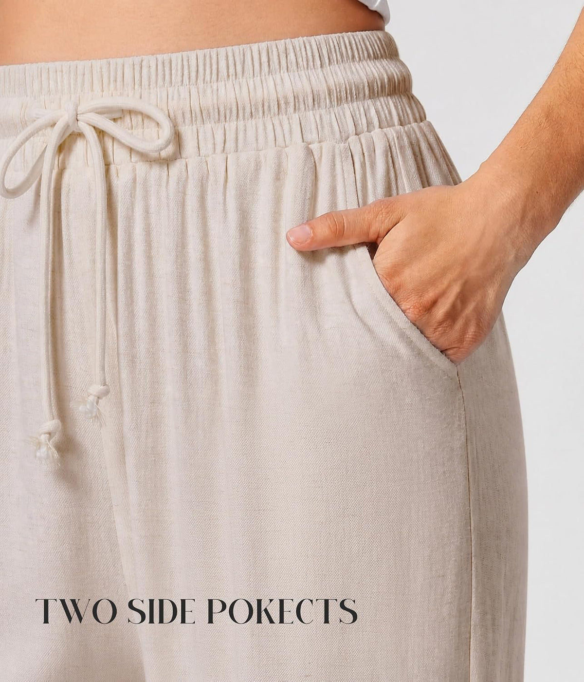 Womens Linen Pants Flowy Wide Leg Casual Drawstring Trousers with Pockets