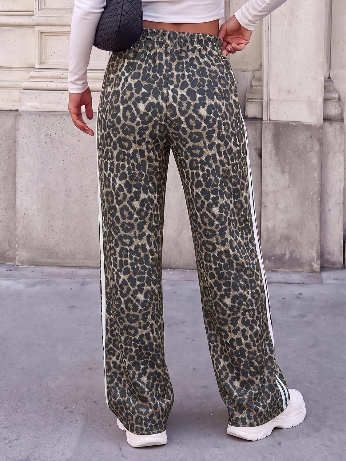 Aoysky Womens Wide Leg Leopard Pants Elastic Waist Side Striped Trousers