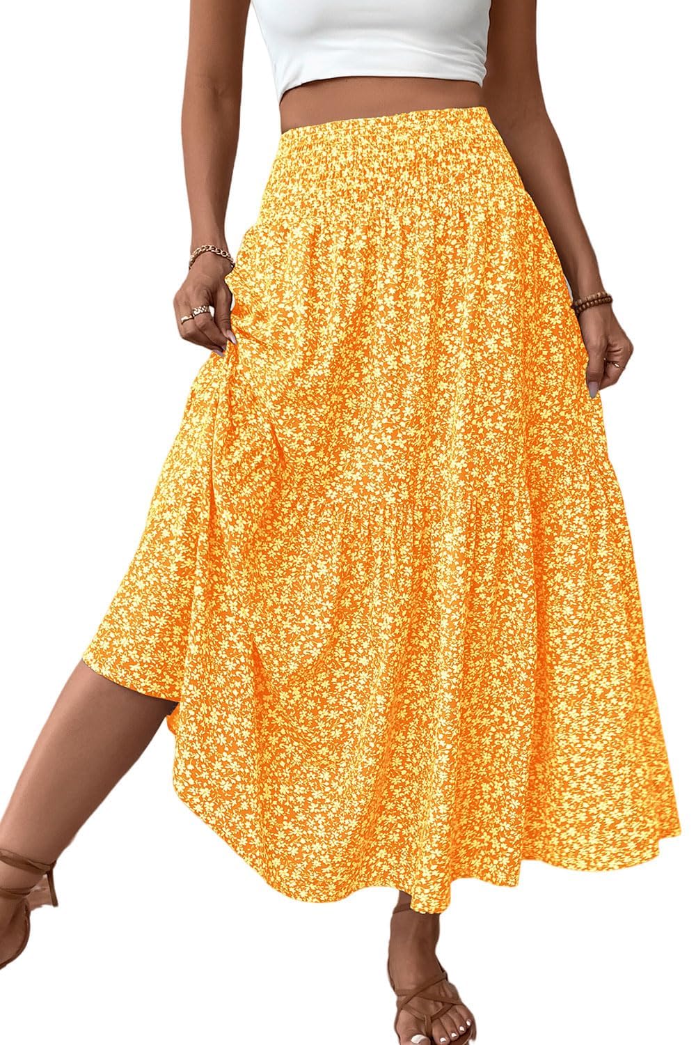 Women's Boho Maxi Skirt Floral Smocked High Waist Long Skirts with Pockets