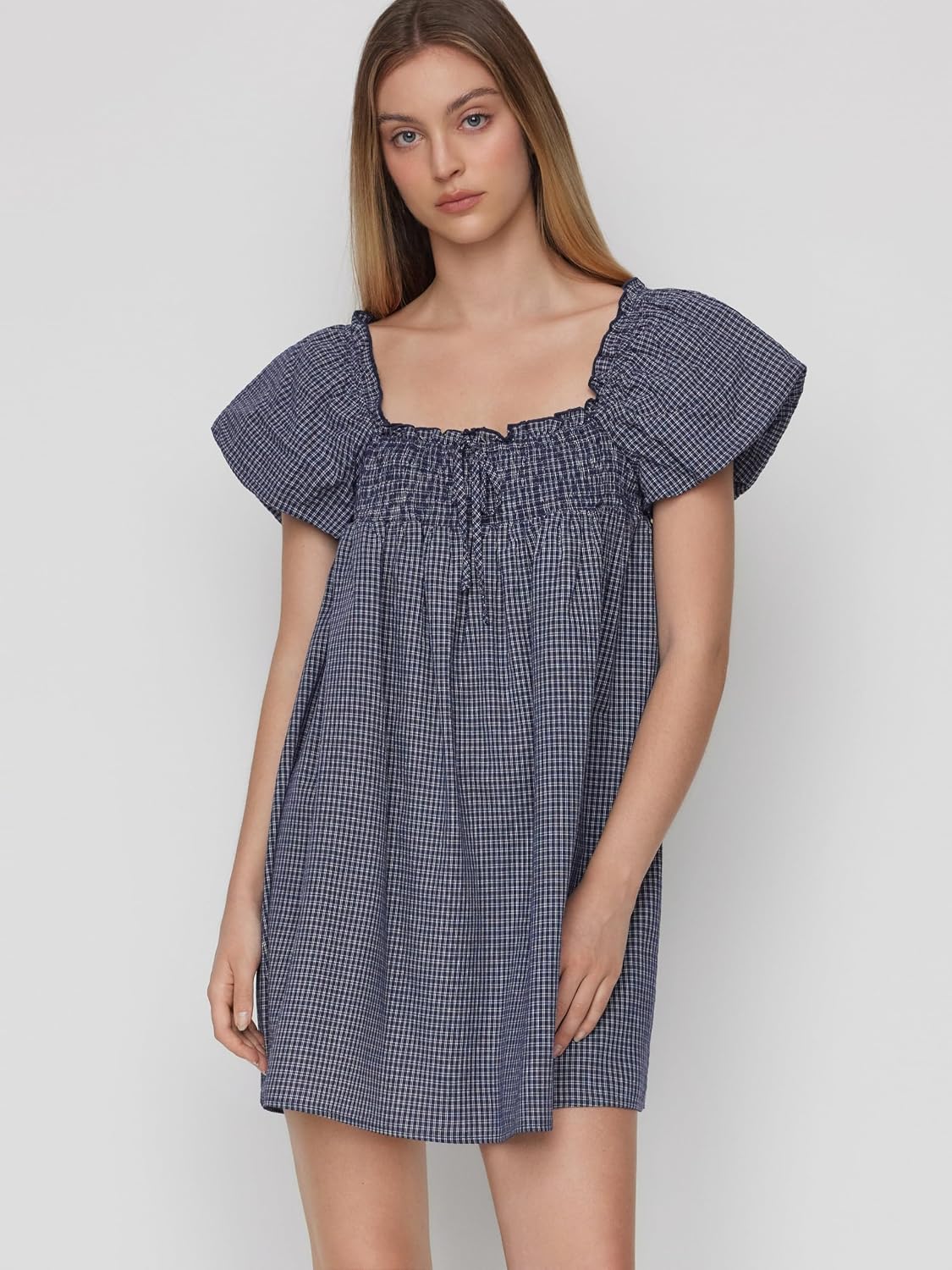 CIDER Womens Cotton Blend Gingham Shirred High Rise Mini Dress