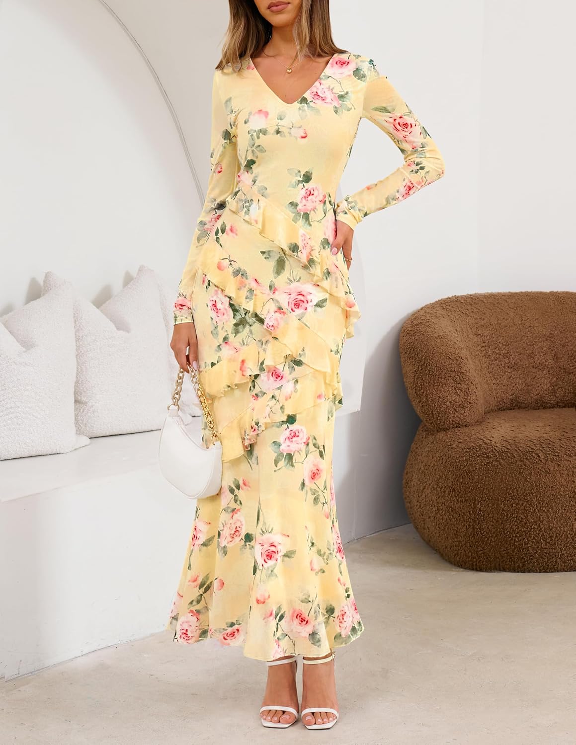 MEROKEETY Womens Fall Wedding Guest Floral Long Sleeve Bodycon Maxi Dress