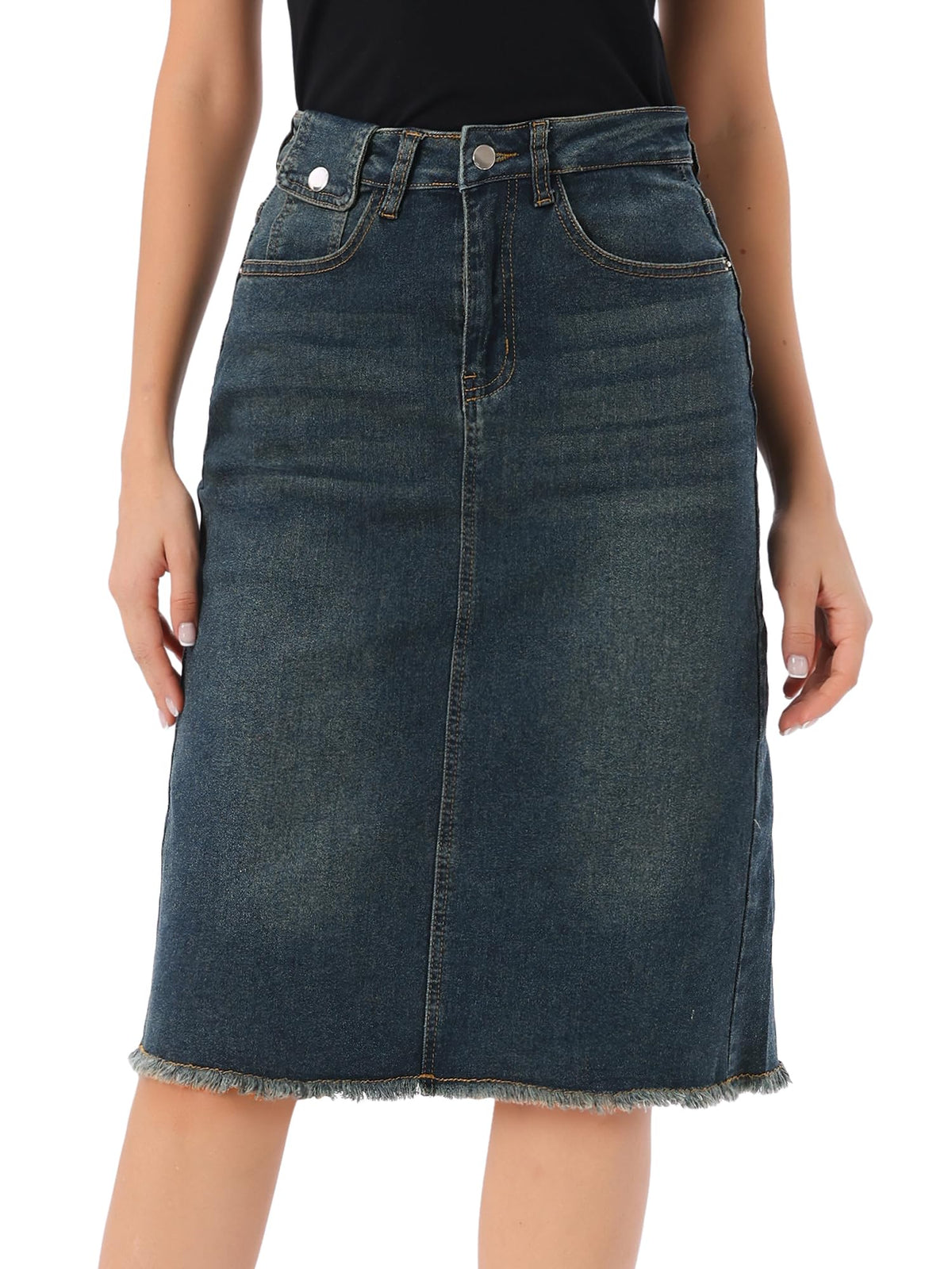 Allegra K Women's Casual Jean Skirt Raw Hem Stretch High Waist Denim Skirts