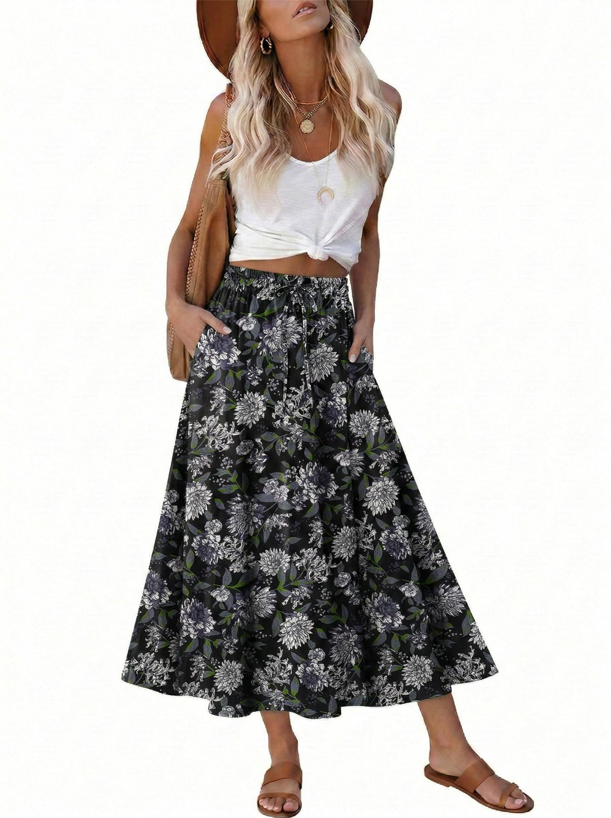 Magritta Women's Print Midi Skirt with Pocket Elastic High Waist 2026 Trendy A-Line Bohe Leopardr Swing Skirts for Women