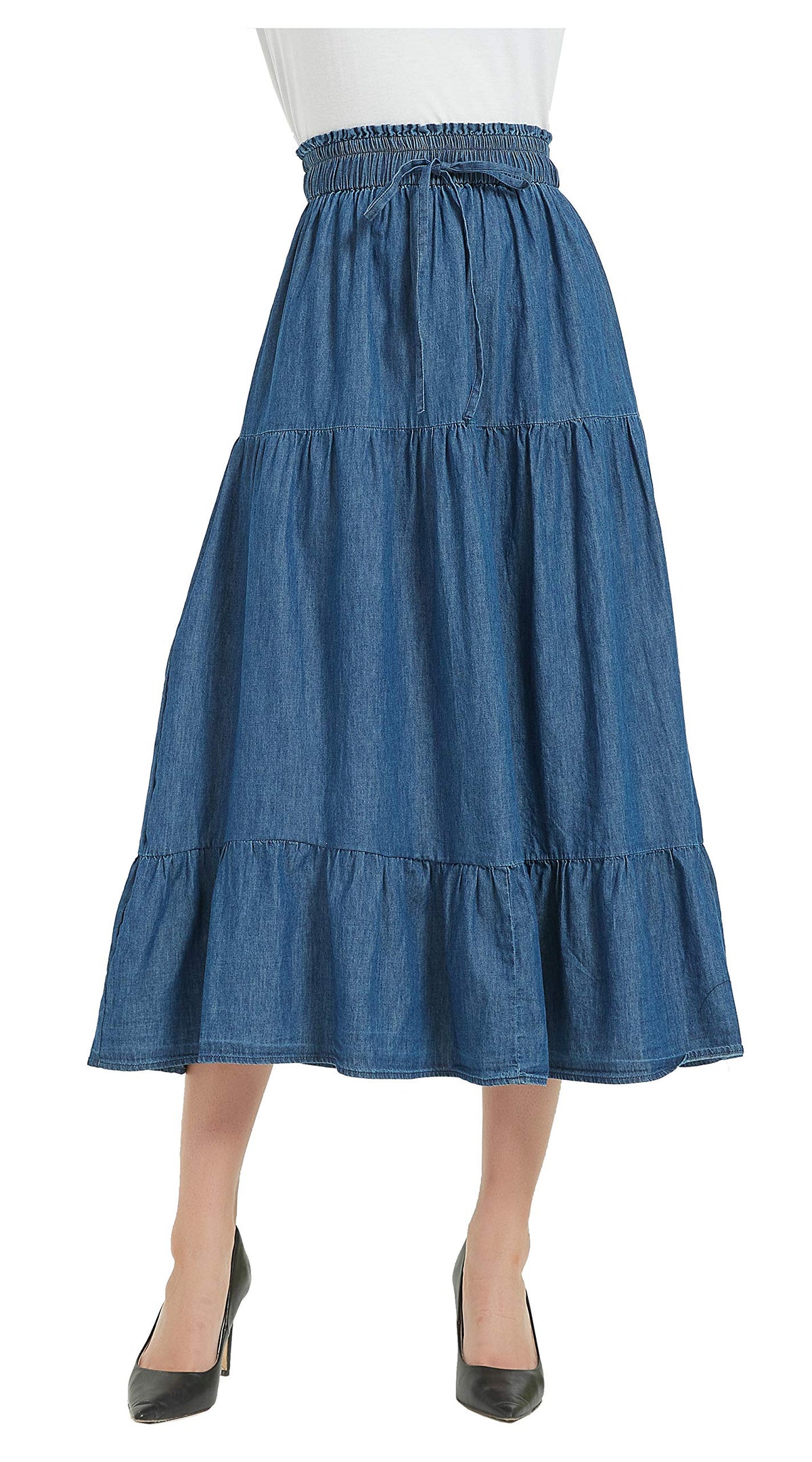 Tronjori Womens A Line Long Midi Denim Skirt Tired Layers with Drawstring