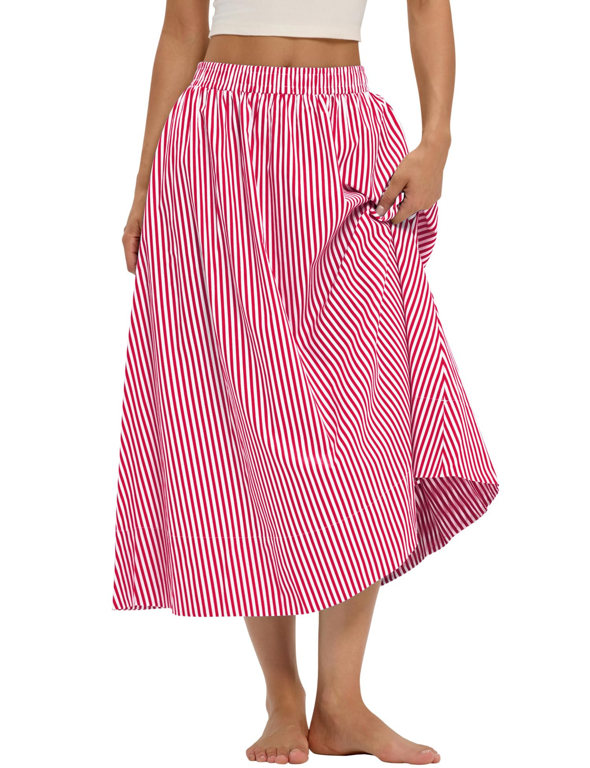 LOMON Midi Skirts for Women with Pockets A-Line Cotton Flowy Elastic Waist