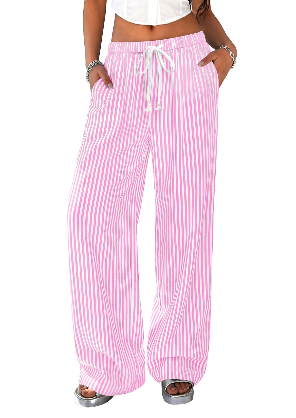 PRETTYGARDEN Striped Wide Leg Pants Women Loungewear with Pocket