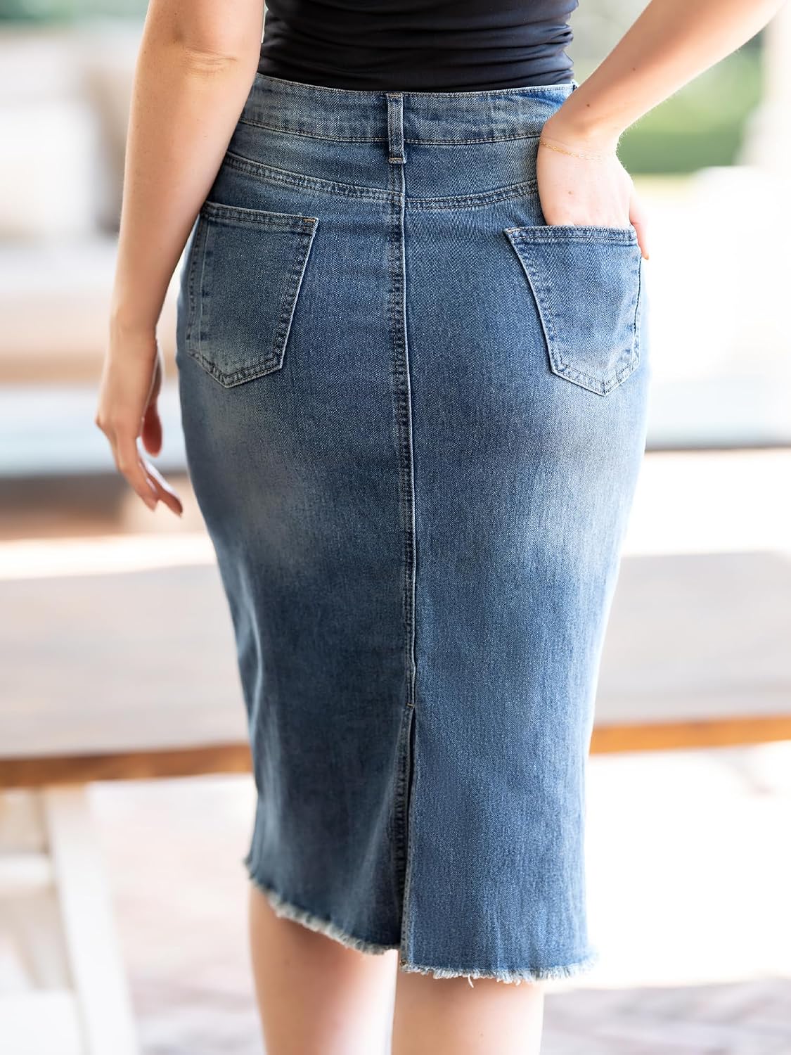 Allegra K Women's Casual Jean Skirt Raw Hem Stretch High Waist Denim Skirts
