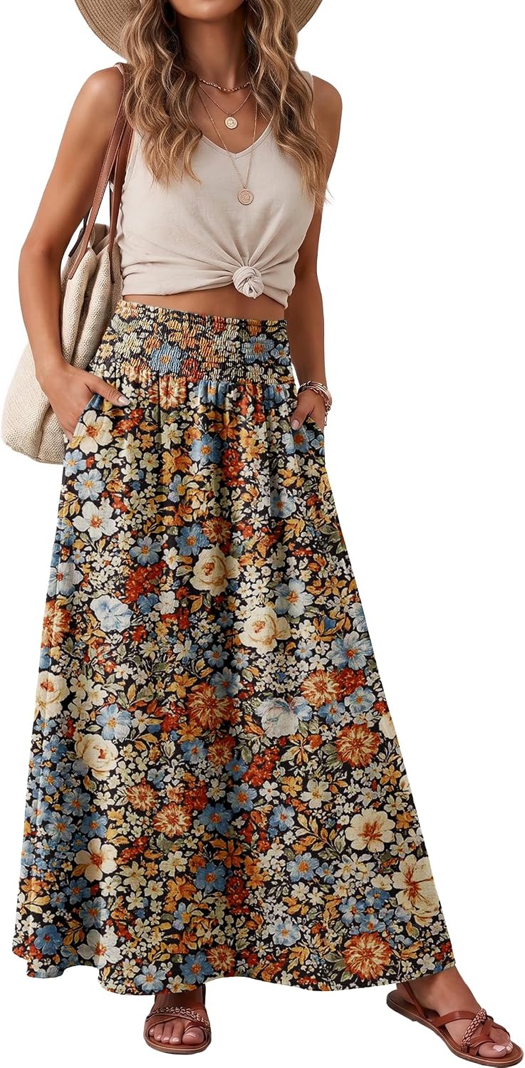 Lepunuo Maxi Skirts for Women Smocked Elastic High Waisted Casual Boho Swing Pleated Beach Long Skirts with Pockets