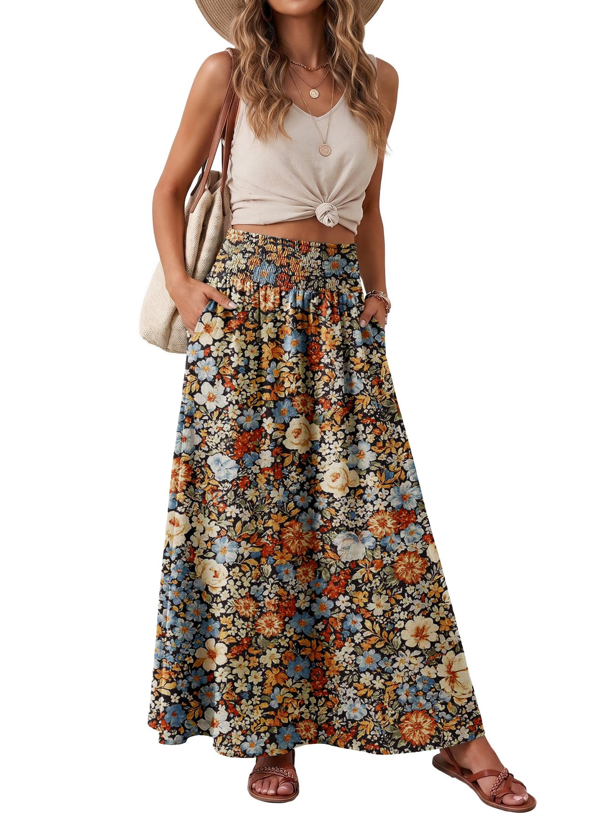Lepunuo Maxi Skirts for Women Smocked Elastic High Waisted Casual Boho Swing Pleated Beach Long Skirts with Pockets