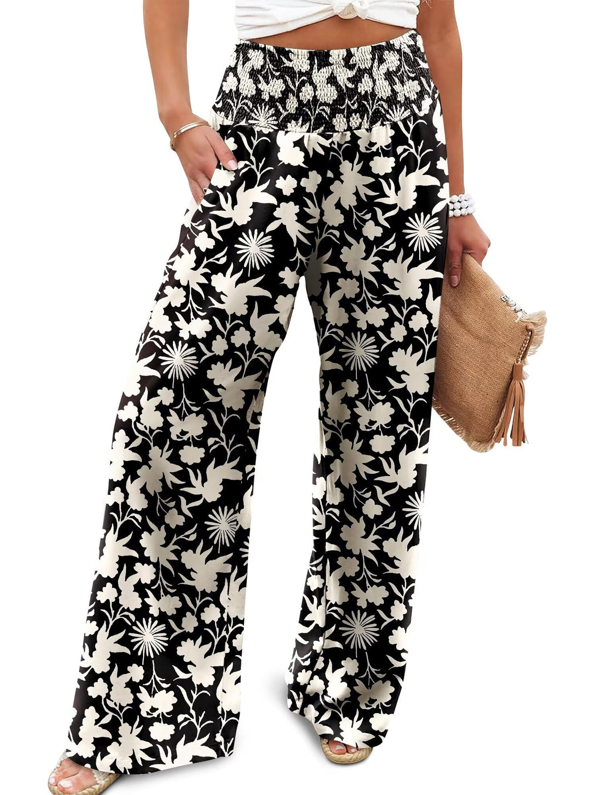 JZC Womens Wide Leg Pants Elastic High Waisted Palazzo Pants Summer Flowy Casual Trousers Beach Travel Vacation Outfits