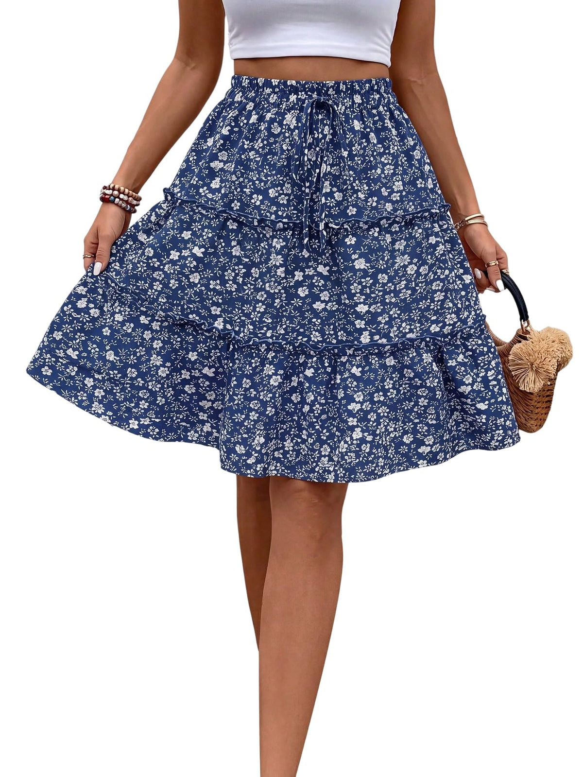 WDIRARA Women's Floral Boho Ruffle Knee Length Summer Skirt