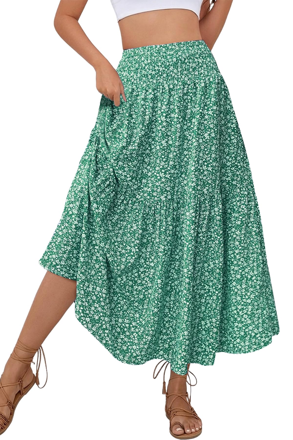 Women's Boho Maxi Skirt Floral Smocked High Waist Long Skirts with Pockets