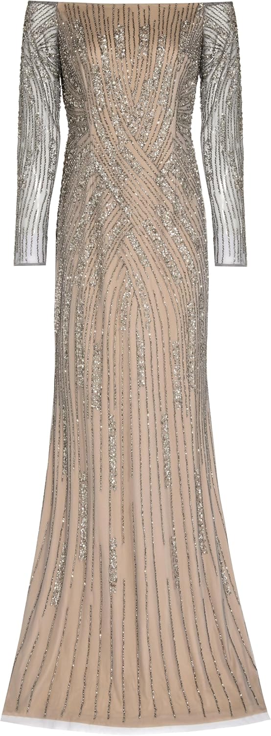 Adrianna Papell Womens Beaded Off Shoulder Gown
