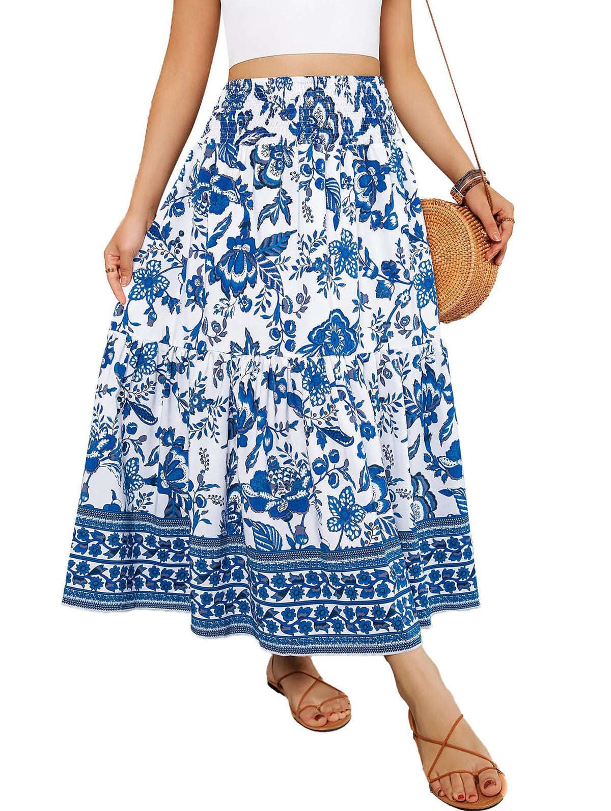 Women's Boho Maxi Skirt Floral Smocked High Waist Long Skirts with Pockets