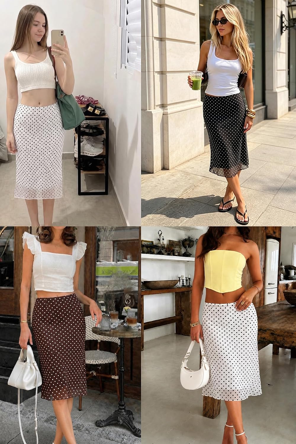ELLEVEN Low Rise Midi Skirts for Women， Polka Dot Knee Length Mesh Skirt