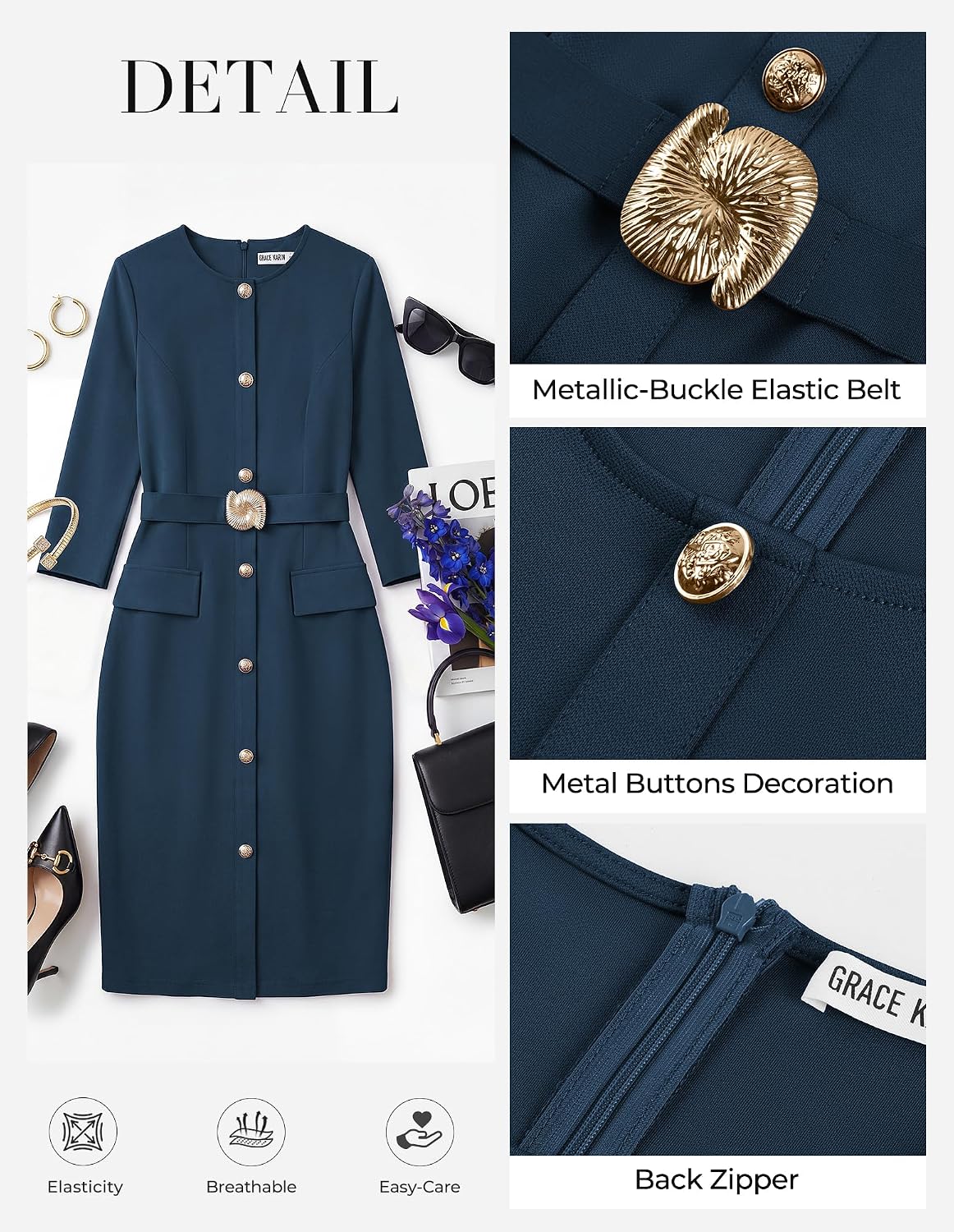 GRACE KARIN Women's 3/4 Sleeve Work Office Business Casual Dress