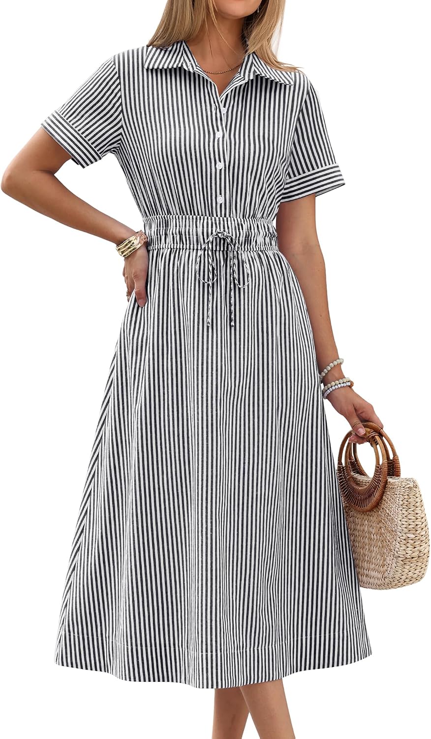 ANRABESS Women Summer Short Sleeve Midi Dress, Striped & Gingham, Casual A-Line Button Collar Shirt Dress, Beach & Vacation