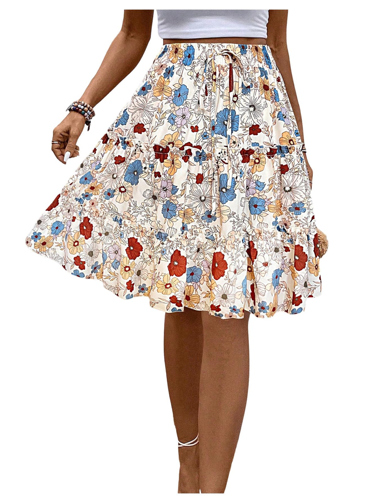 WDIRARA Women's Floral Boho Ruffle Knee Length Summer Skirt