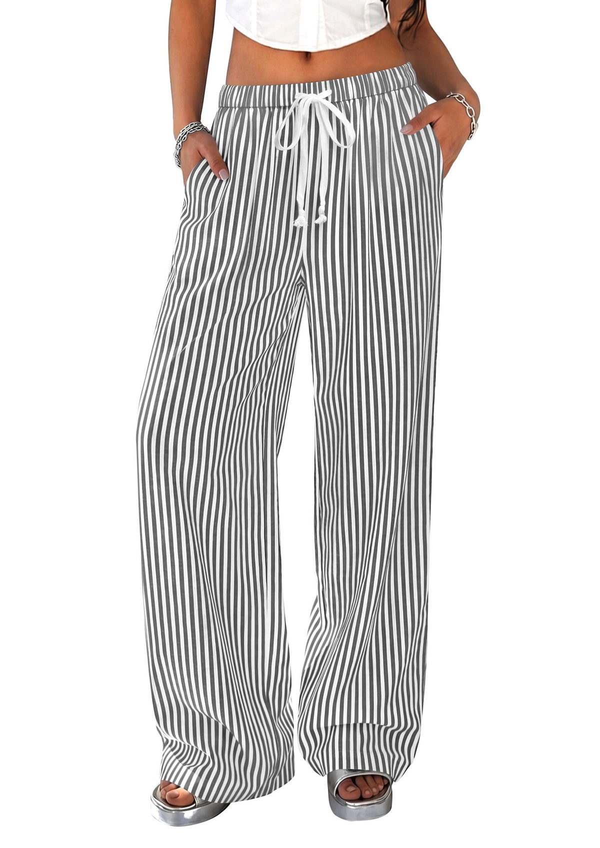 PRETTYGARDEN Striped Wide Leg Pants Women Loungewear with Pocket