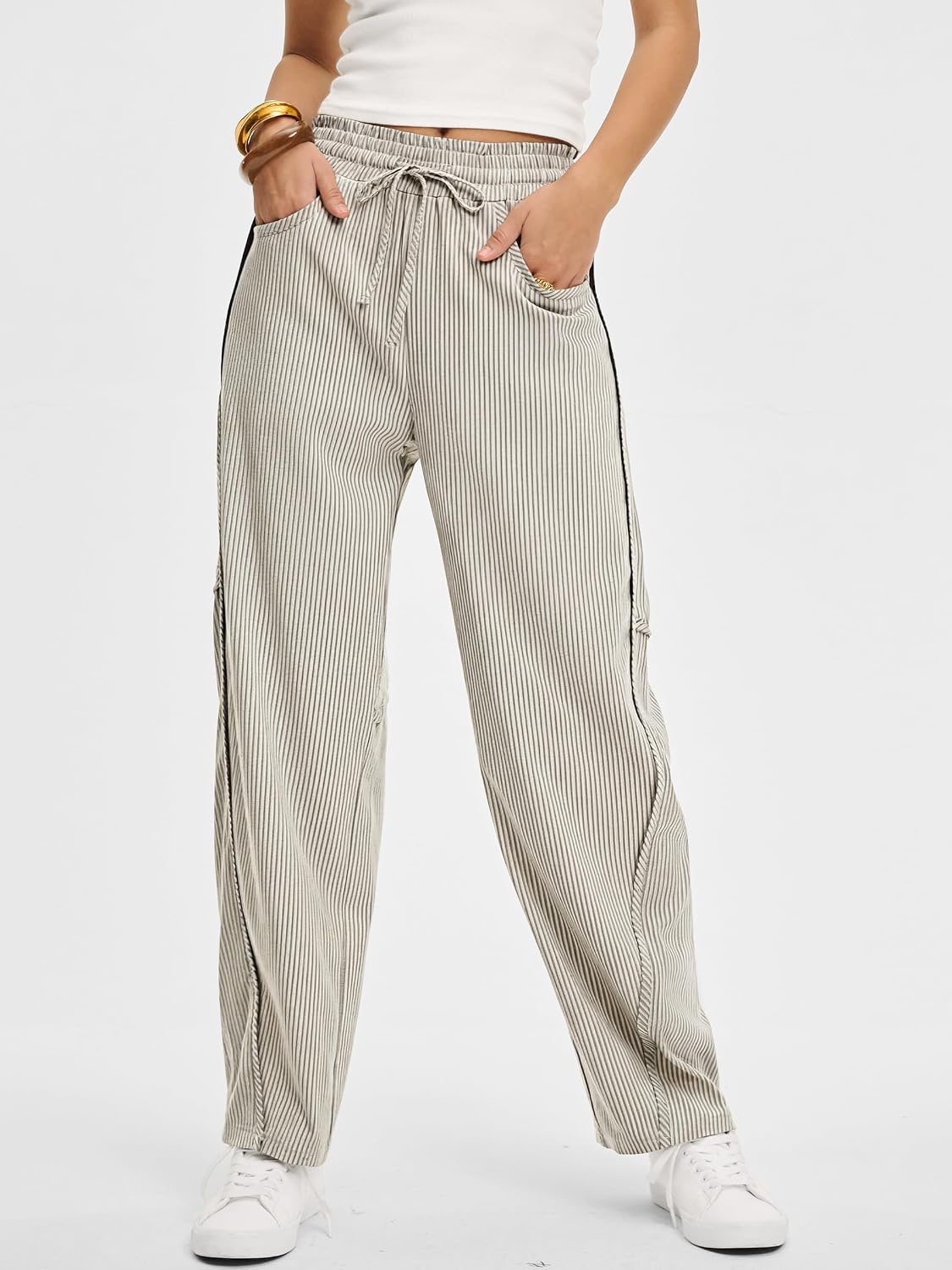 ANRABESS Womens Striped Barrel Casual Pants 2026 Trendy Summer Elastic Drawstring Baggy Lounge Wide Leg Trousers with Pockets