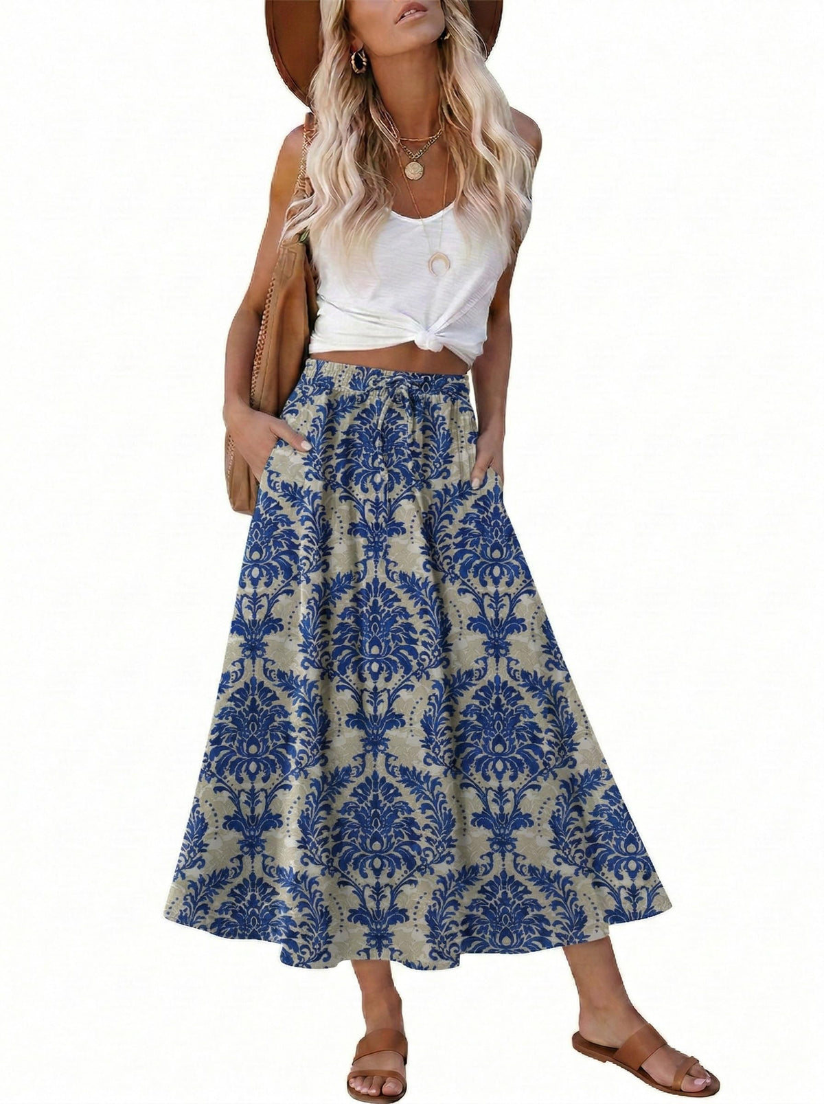 Magritta Women's Print Midi Skirt with Pocket Elastic High Waist 2026 Trendy A-Line Bohe Leopardr Swing Skirts for Women