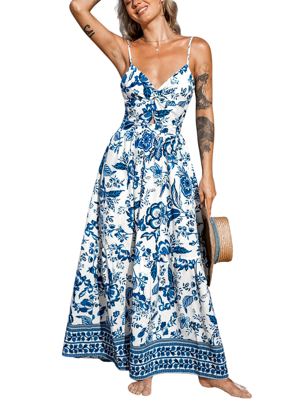 CUPSHE Women's Maxi Dress Floral Print Twisted V Neck Sleeveless Long Dress Summer Casual Dress