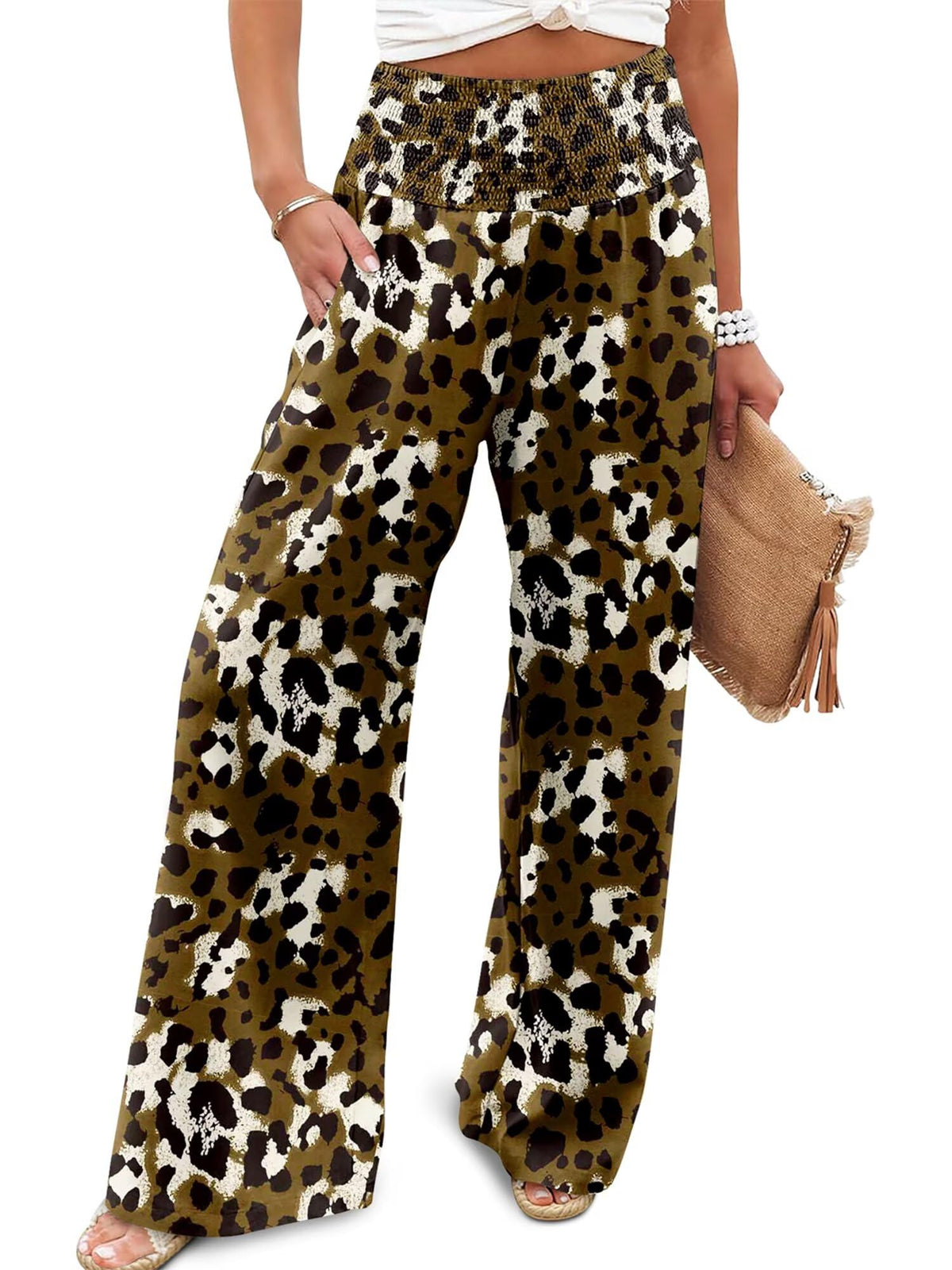 JZC Womens Wide Leg Pants Elastic High Waisted Palazzo Pants Summer Flowy Casual Trousers Beach Travel Vacation Outfits