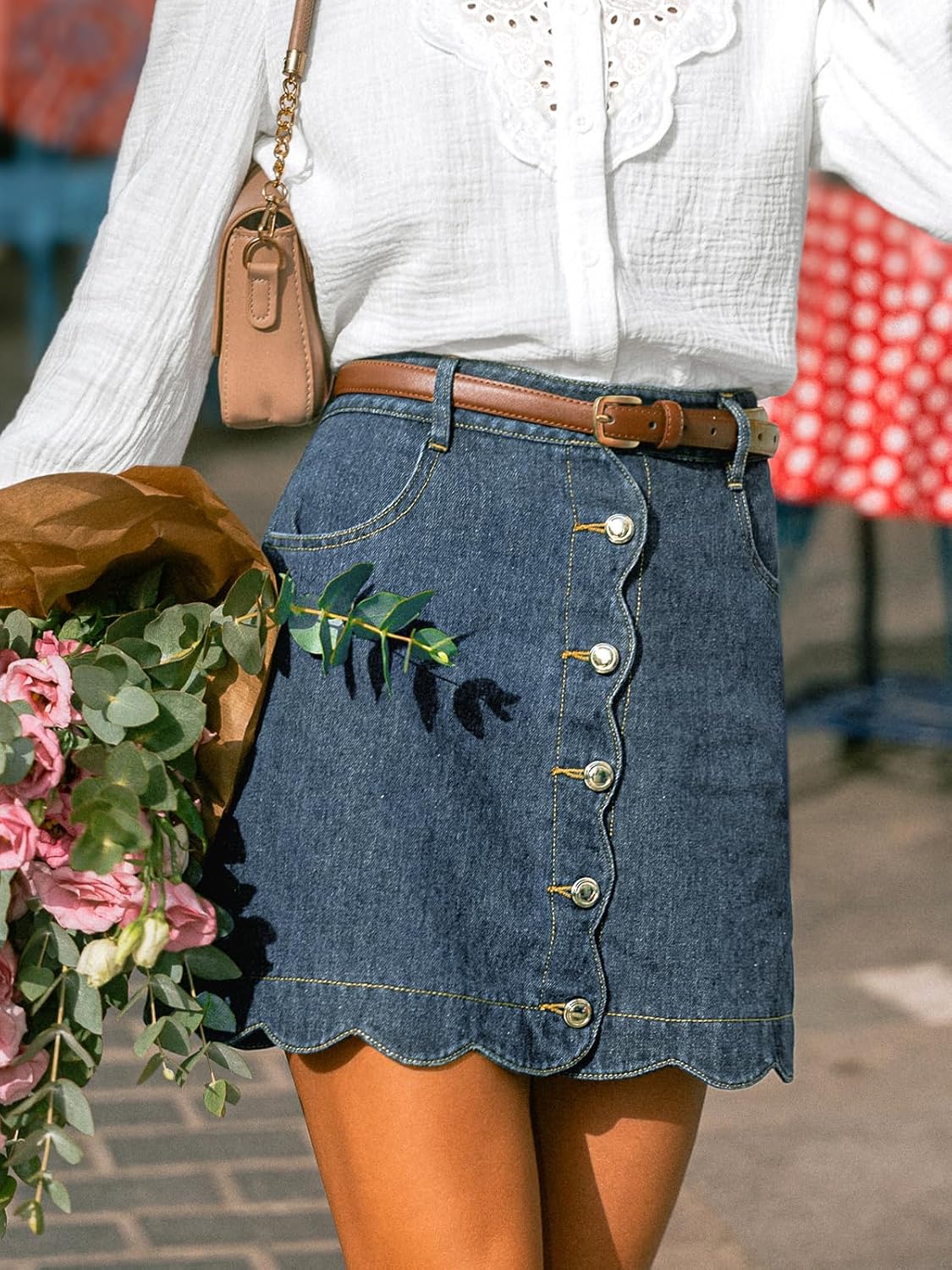 CUPSHE Women’s Denim Mini Skirt Button Front A-Line Scalloped Jeans