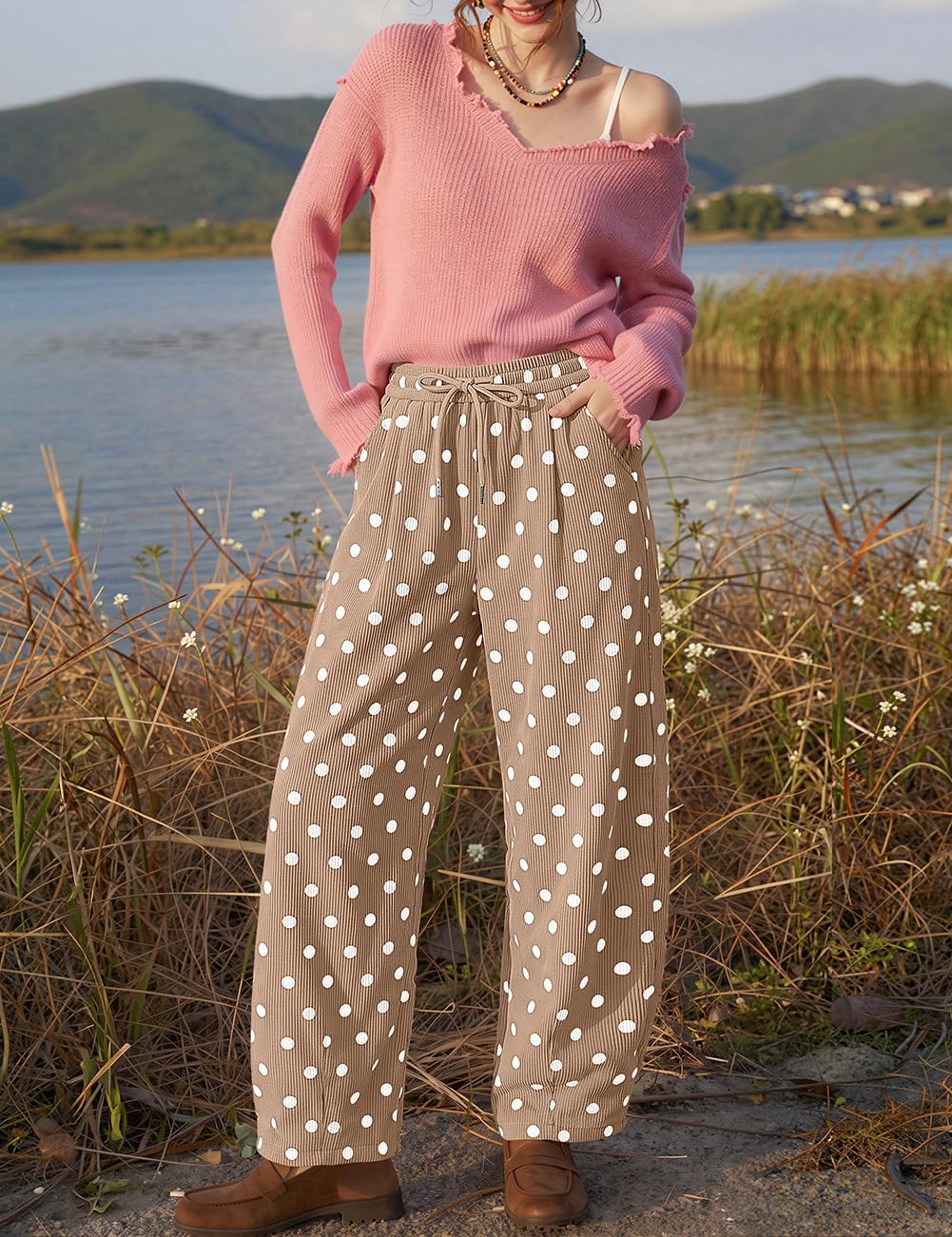 TARSE Women's Corduroy Barrel Pants Polka Dot Wide Leg Pants with Pockets