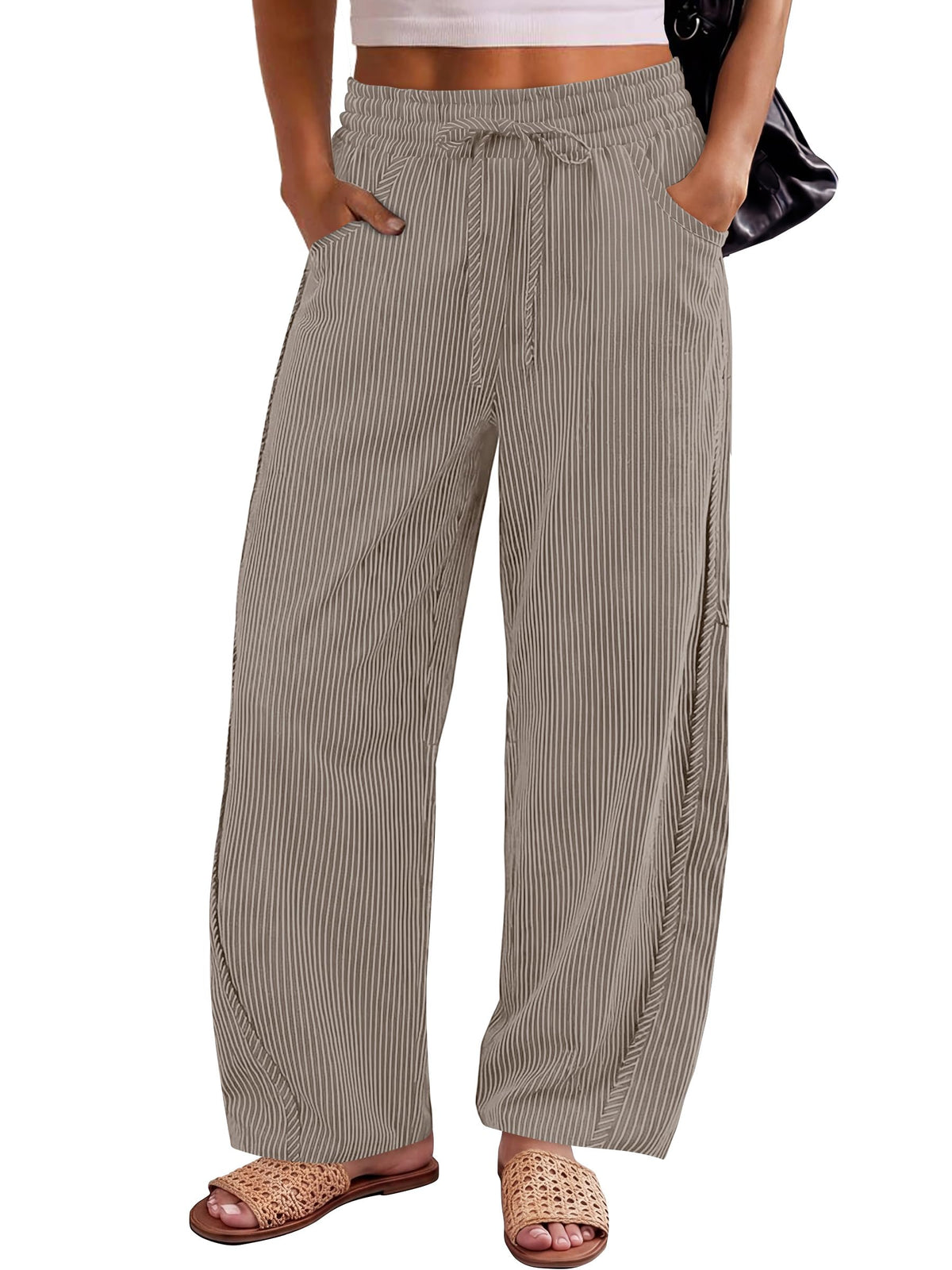 ANRABESS Womens Striped Barrel Casual Pants 2026 Trendy Summer Elastic Drawstring Baggy Lounge Wide Leg Trousers with Pockets