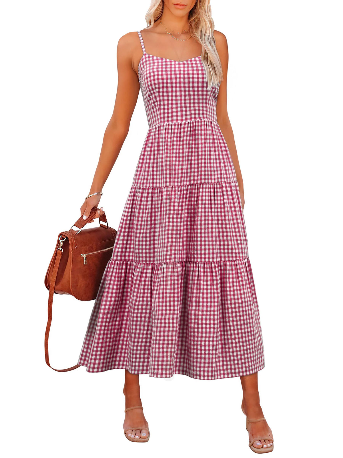 ANRABESS Womens Summer Striped Gingham Midi Dresses Casual Beach Sundress