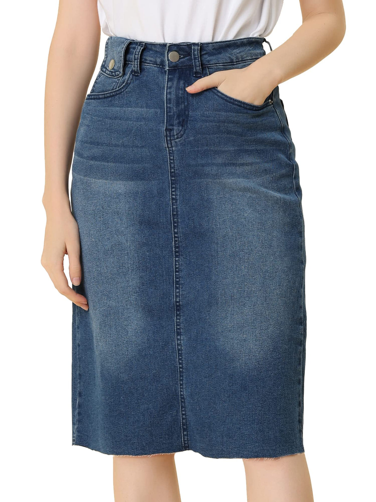 Allegra K Women's Casual Jean Skirt Raw Hem Stretch High Waist Denim Skirts